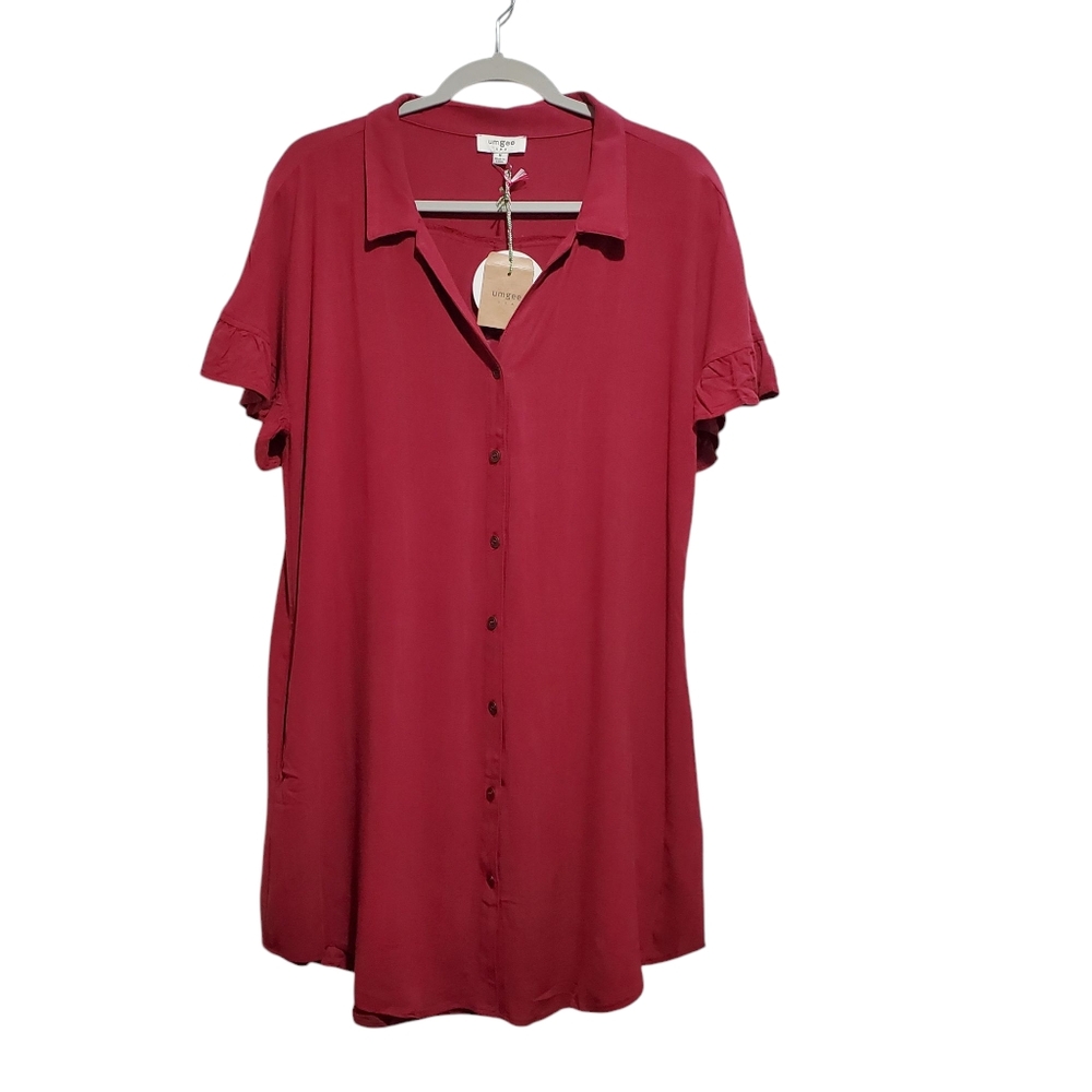 Umgee Linen Blend Button Down Short Ruffle Sleeves Shirt Dress Size M Casual